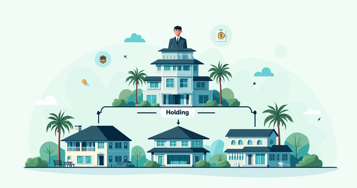 Illustration of a real estate holding structure with properties, holding, and beneficiary 