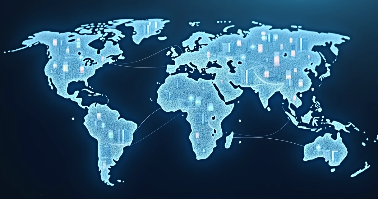 Desenho de estrutura de holdings e conexões globais em mapa mundi 