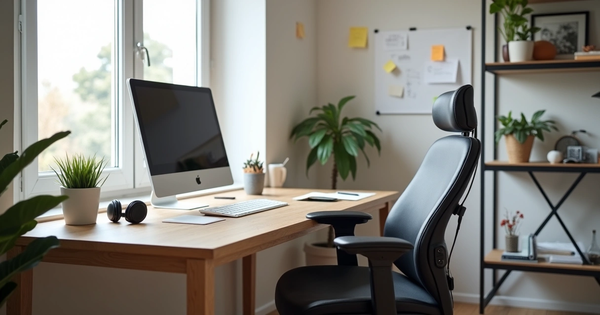 Espaço de trabalho doméstico com cadeira ergonômica e computador 