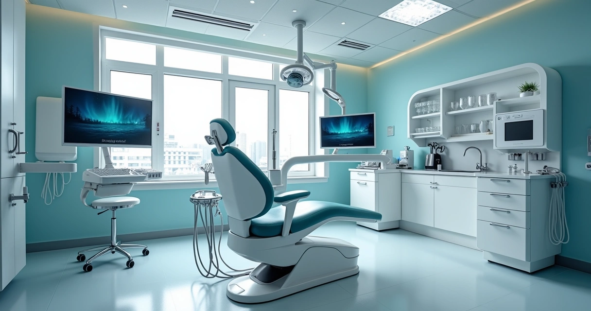 Sala moderna com equipamentos odontológicos e cadeira de dentista