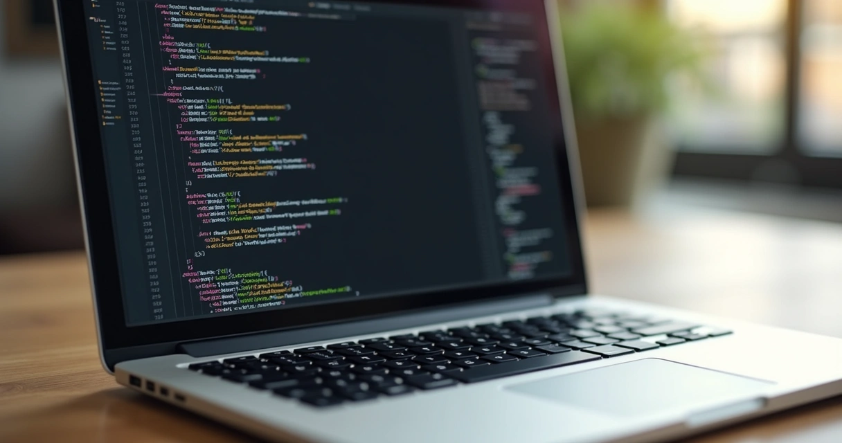 Trecho de código HTML limpo com tags H1, H2, em tela de notebook, sobre mesa de madeira clara 