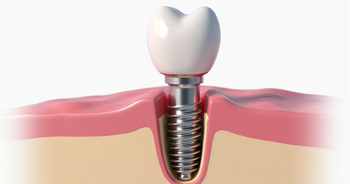 Demonstração das camadas e estrutura de um implante dentário no osso.