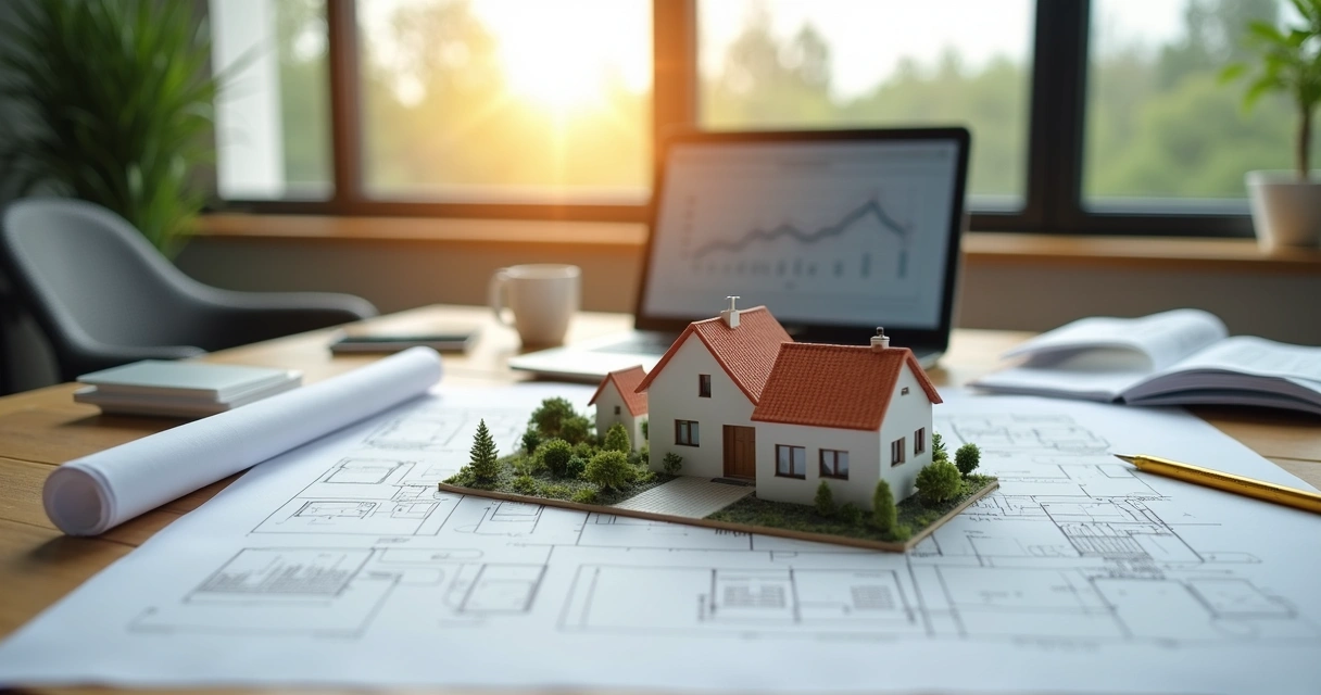 Maquete detalhada de incorporação imobiliária com casas isoladas em um terreno, incluindo projetos arquitetônicos, plantas, documentos e equipamentos de escritório à mesa 