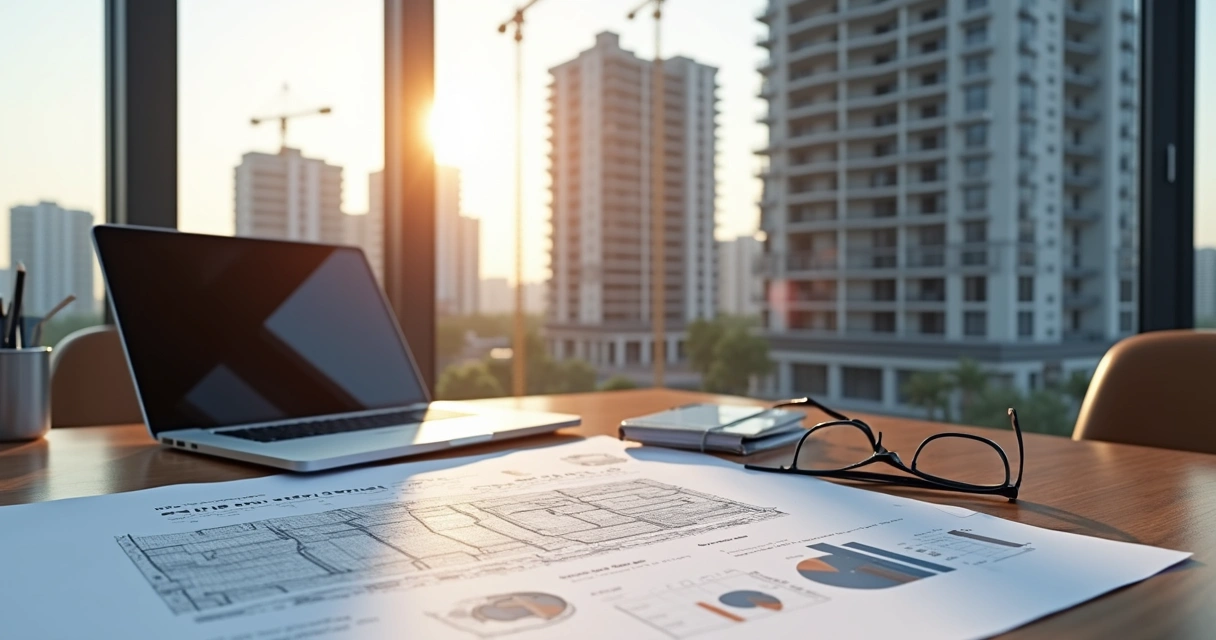 Prédio em construção com plantas arquitetônicas e documentos legais sobre mesa de trabalho 