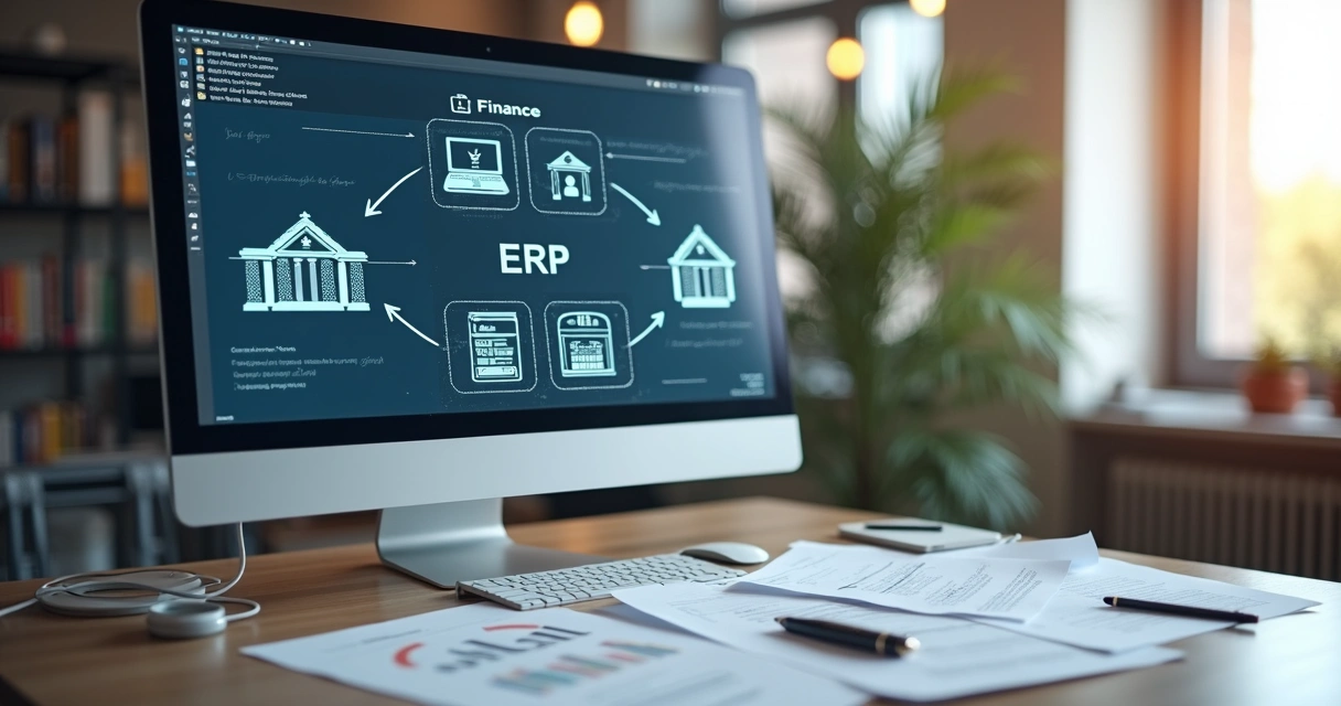 Diagrama simples mostrando a integração entre ERP, bancos e plataformas de Open Finance 