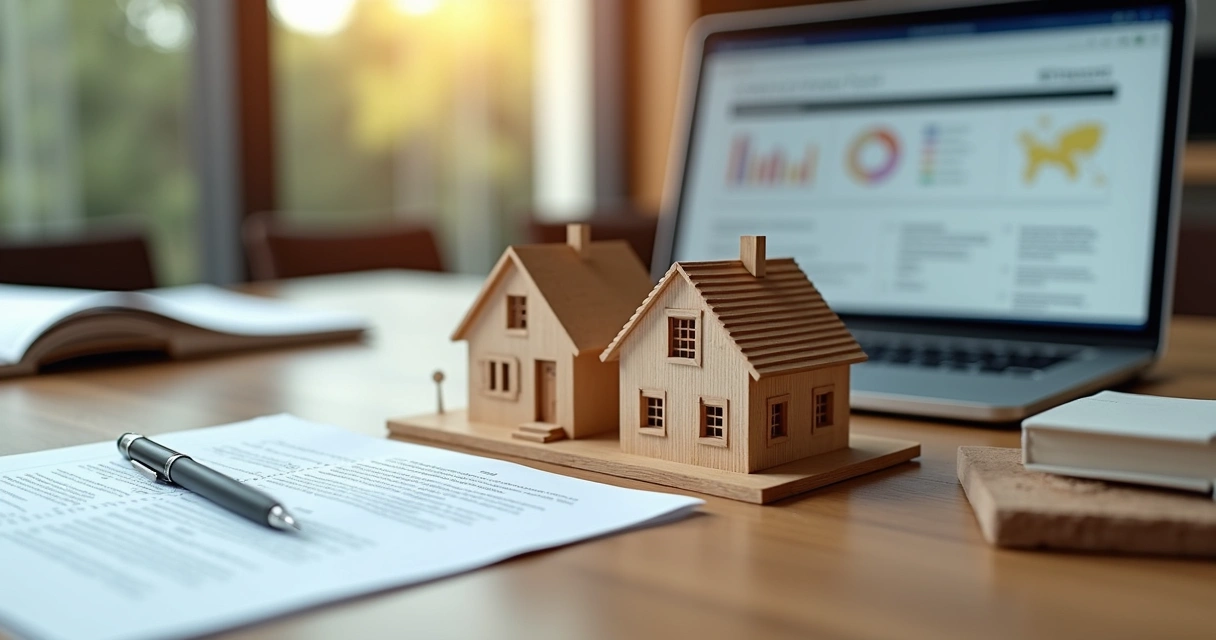 Maquete detalhada de casas em processo de incorporação imobiliária com documentos jurídicos ao lado e laptop aberto mostrando contratos digitais 