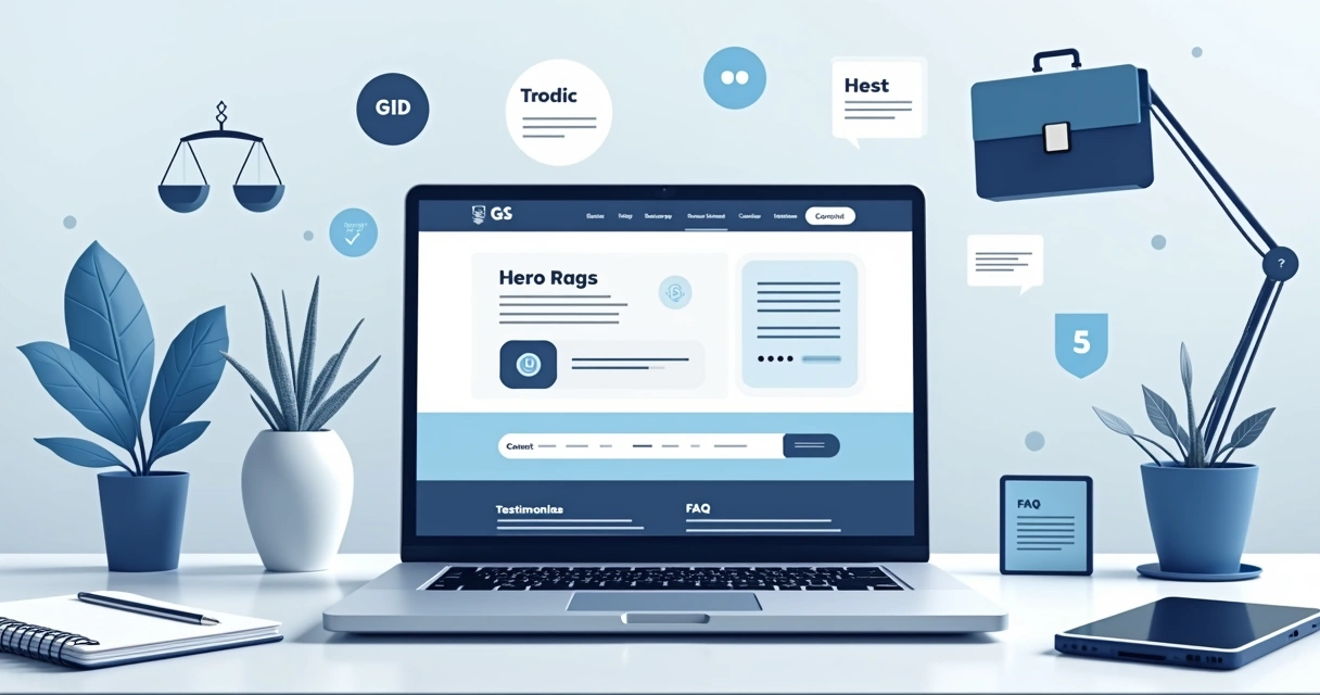 Ilustração de wireframe de landing page jurídica com formulário e blocos de confiança 