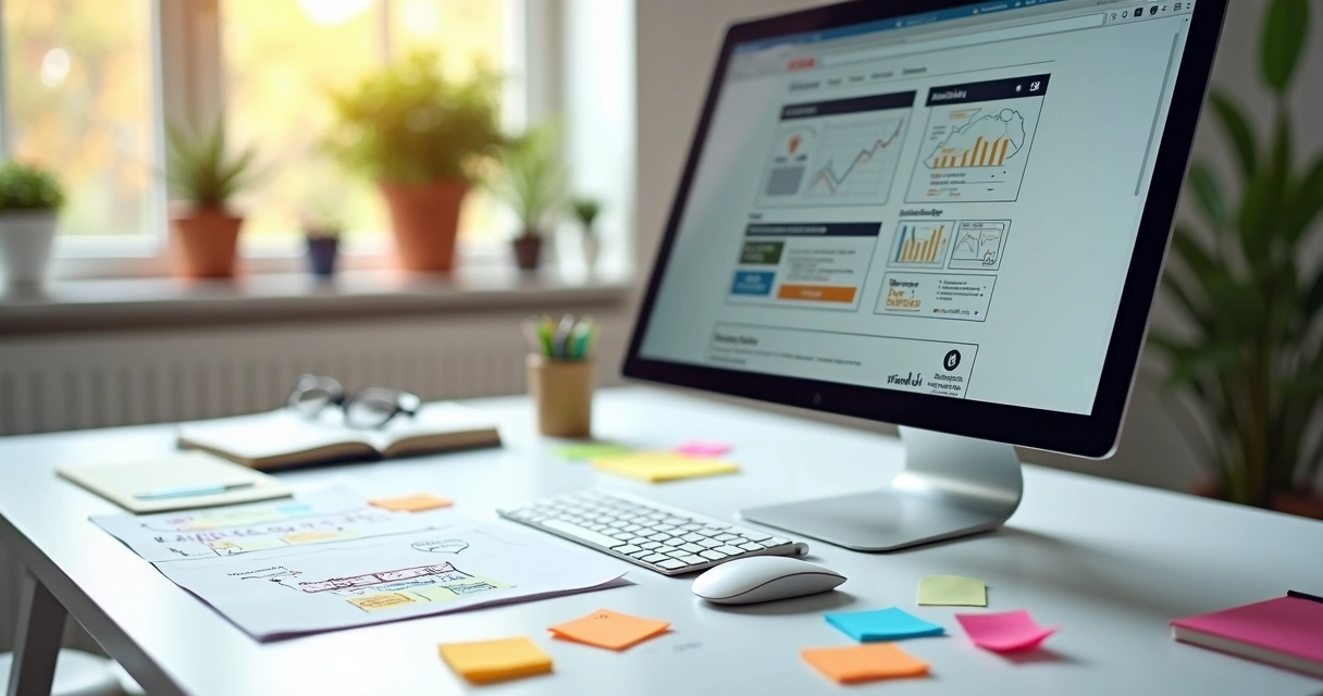 Wireframe de landing page em tela de computador com post-its coloridos em volta 