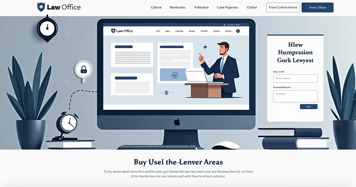 Estrutura de uma landing page para advocacia mostrando campos, seções e ilustrações de proteção de dados 