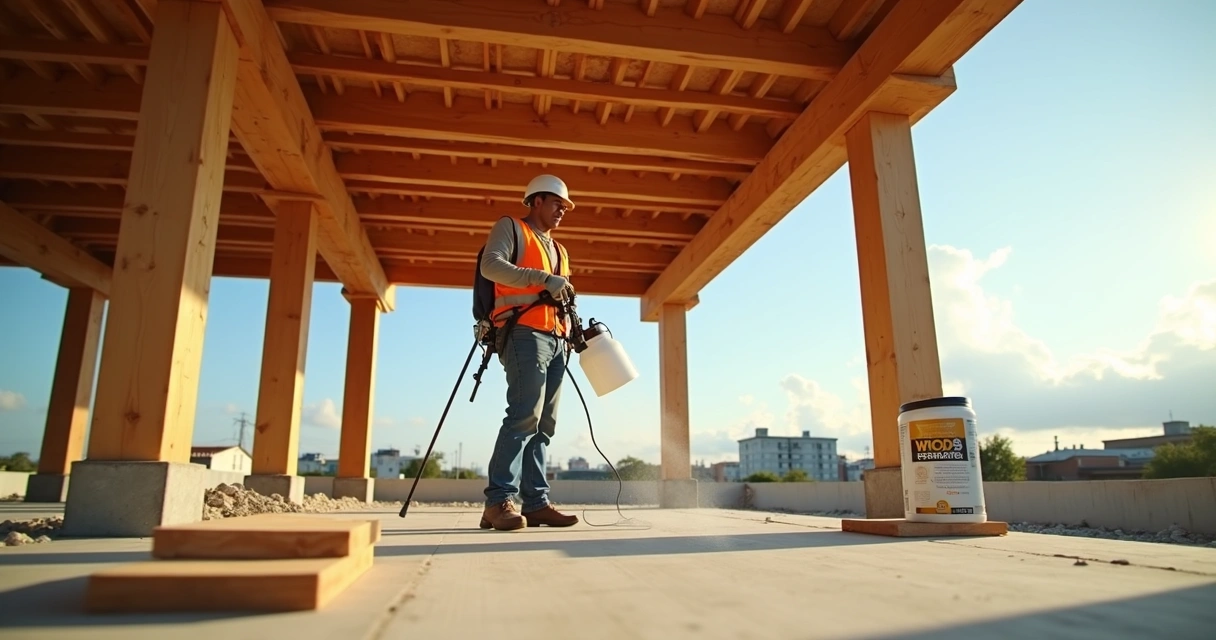 Estrutura de madeira tratada em obra com aplicação de produto contra cupins 