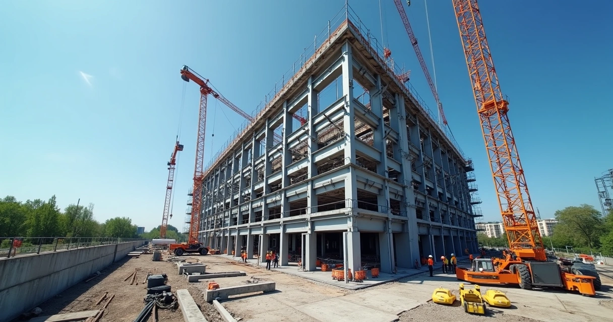 Estrutura metálica sendo montada em canteiro de obras 