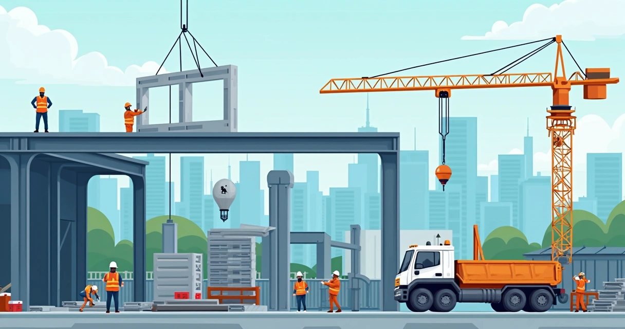 Montagem da estrutura metálica em um canteiro de obras moderno 