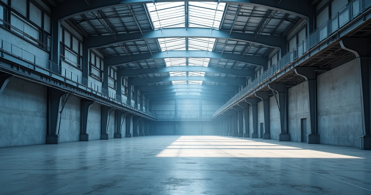 Interior de galpão industrial com estrutura metálica aparente 