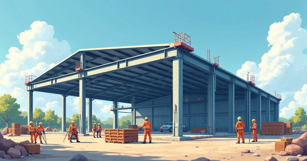 Equipe trabalhando na montagem rápida de estrutura metálica 