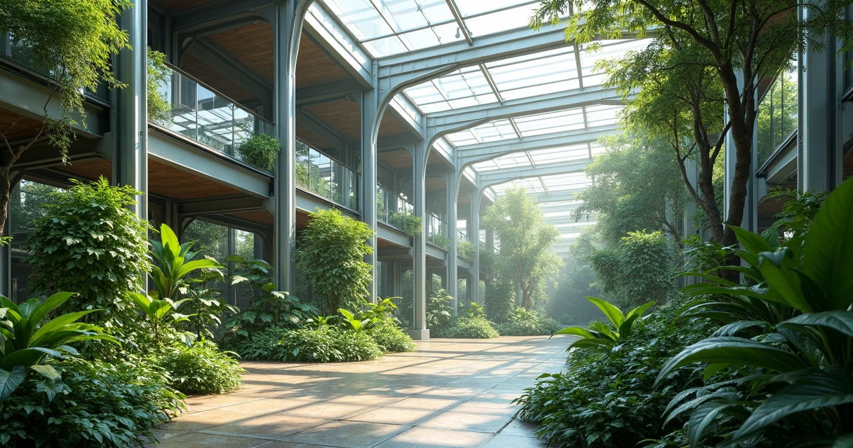 Estrutura metálica moderna em espaço integrado com vegetação 