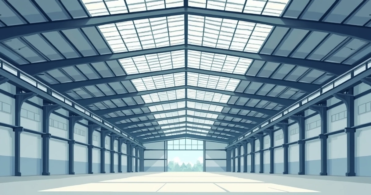 Estrutura metálica de telhado industrial vista internamente 