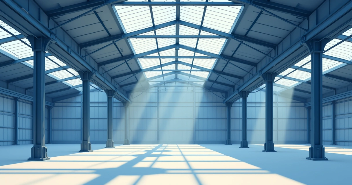 Detalhe de galpão industrial moderno com estrutura metálica treliçada e tubular 