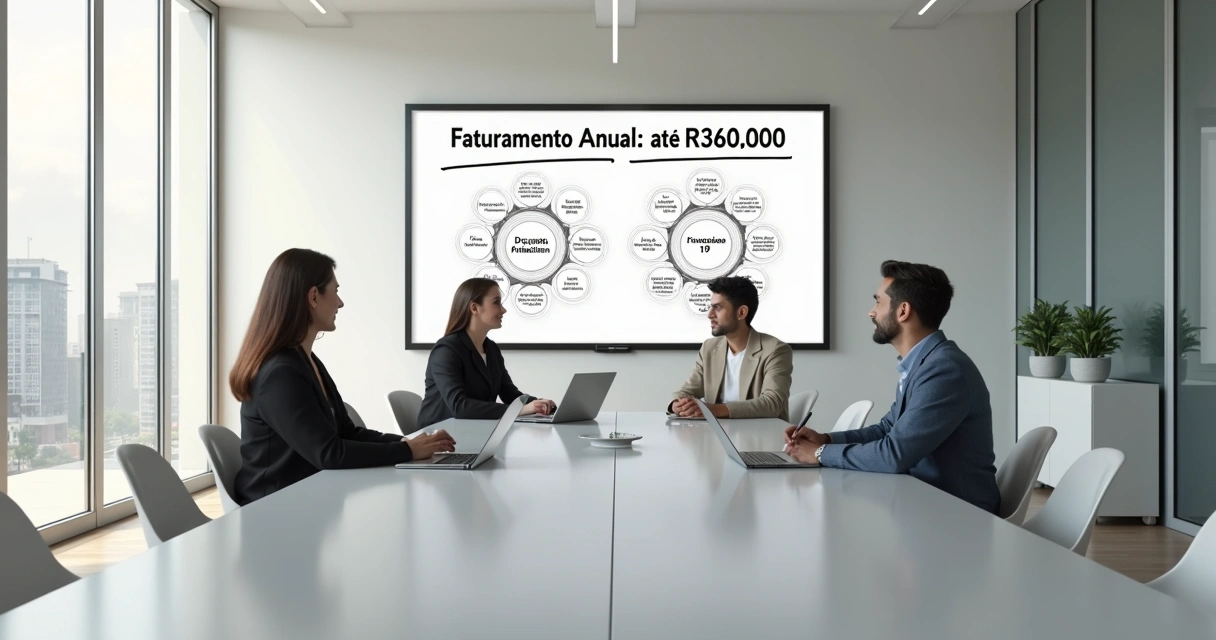Sala de reuniões com quadro de faturamento anual e quantidade de funcionários permitida 