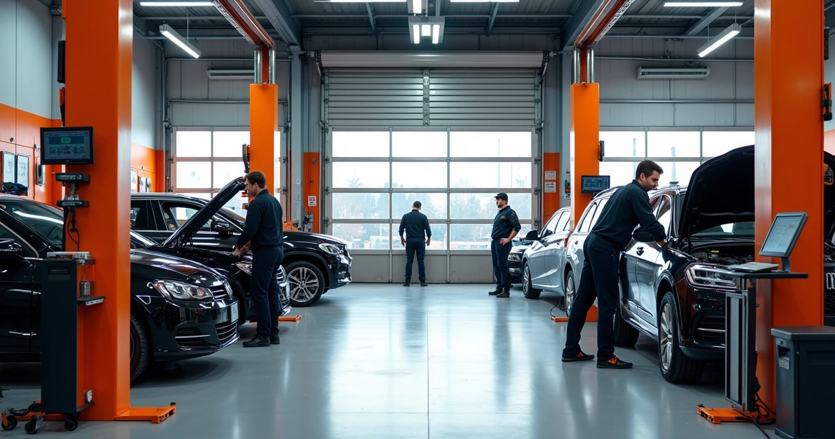 Oficina automotiva moderna com estrutura organizada e vários carros em manutenção