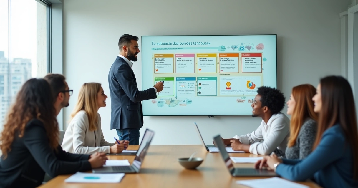 Empreendedor apresentando em um quadro as seis áreas vitais de um negócio 