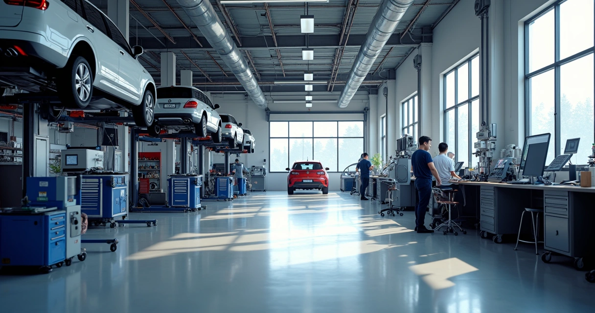 Estrutura interna de oficina moderna com elevadores e ferramentas automotivas de alta tecnologia