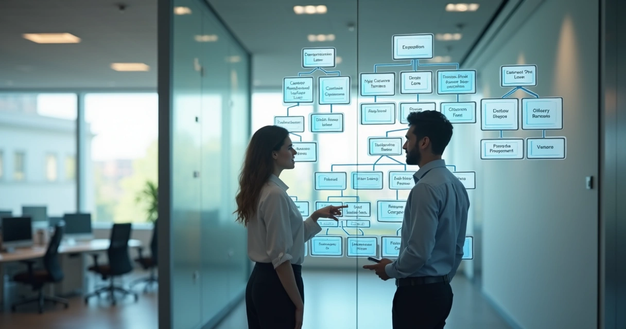 Quadro organizacional com papéis e conexões entre setores
