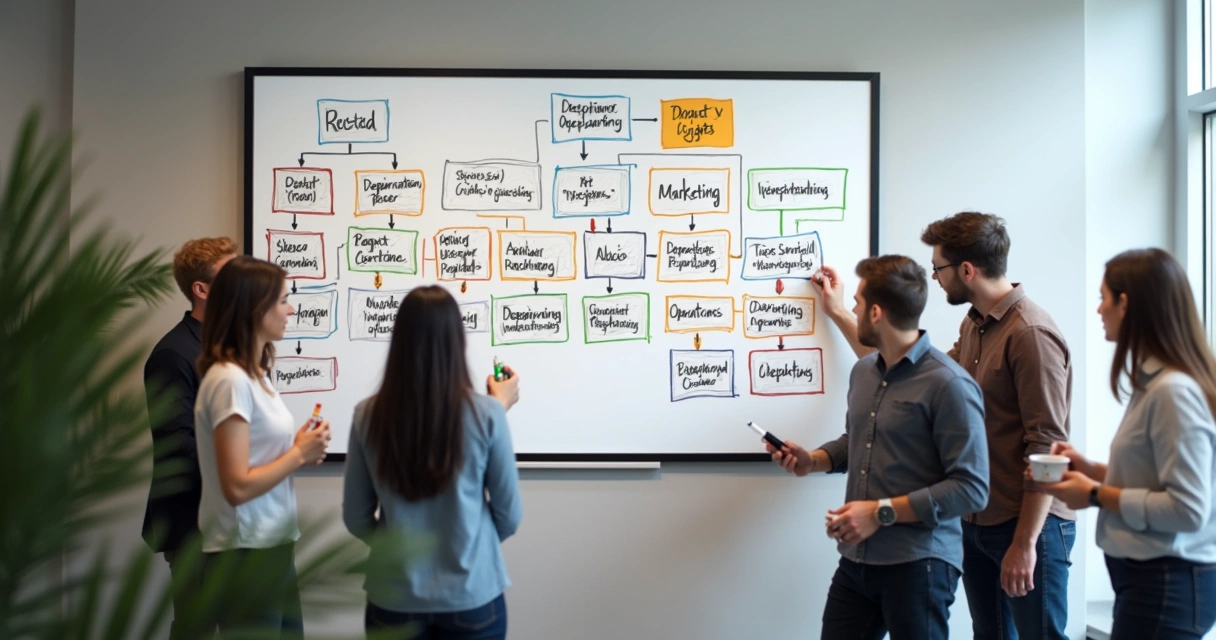 Quadro branco com organograma colorido de pequena empresa 