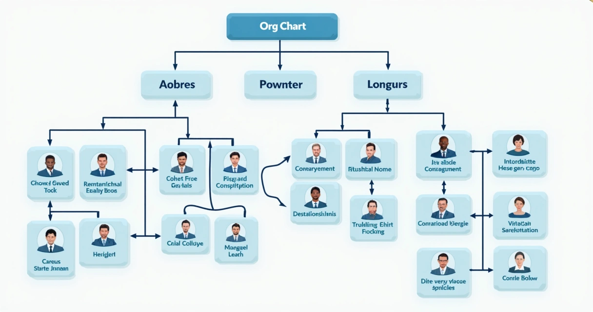 Ilustração colorida mostrando organograma empresarial com cargos conectados e camadas de liderança, sobre fundo branco e azul claro 