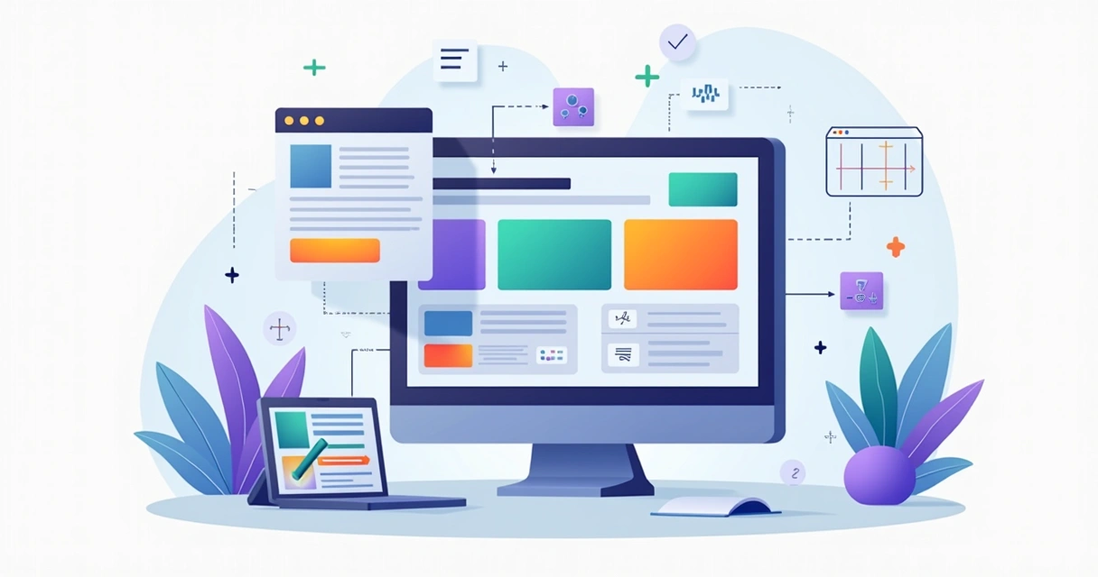 Ilustração de layout de landing page com blocos guiando o usuário até o botão de conversão 