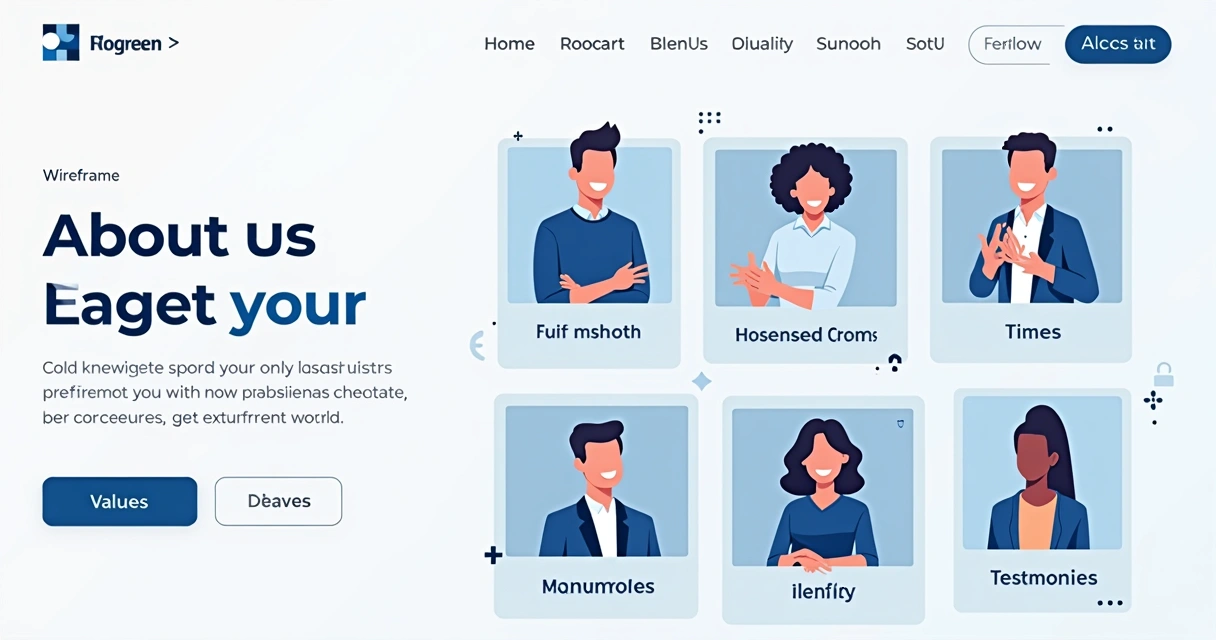 Estrutura visual de uma página quem somos com blocos destacados e fotos de equipe 