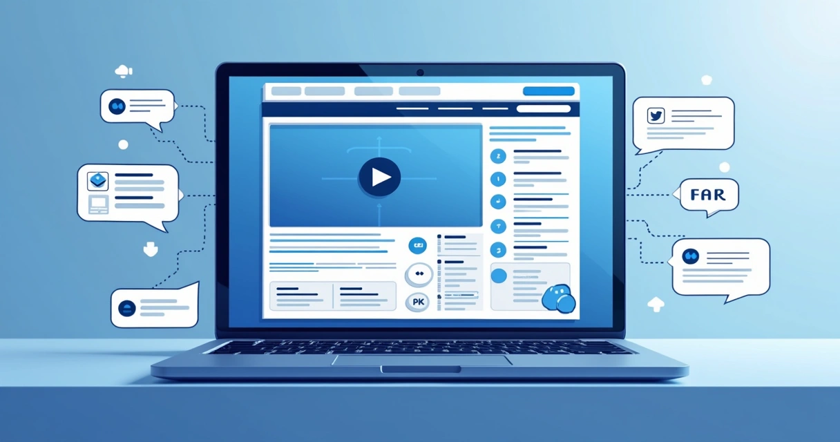 Ilustração de página de vendas digital com elementos como headline, vídeo, depoimentos e botão de compra