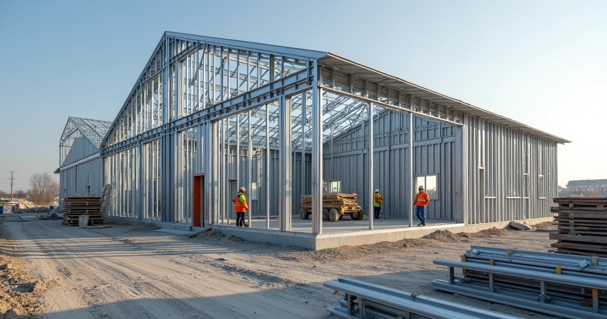 Estrutura de perfis em aço de um sistema steel frame em montagem 