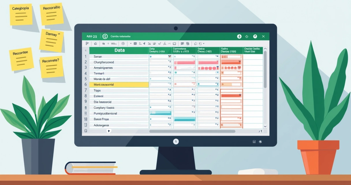 Planilha Excel aberta com colunas coloridas e categorias de receitas e despesas visíveis 