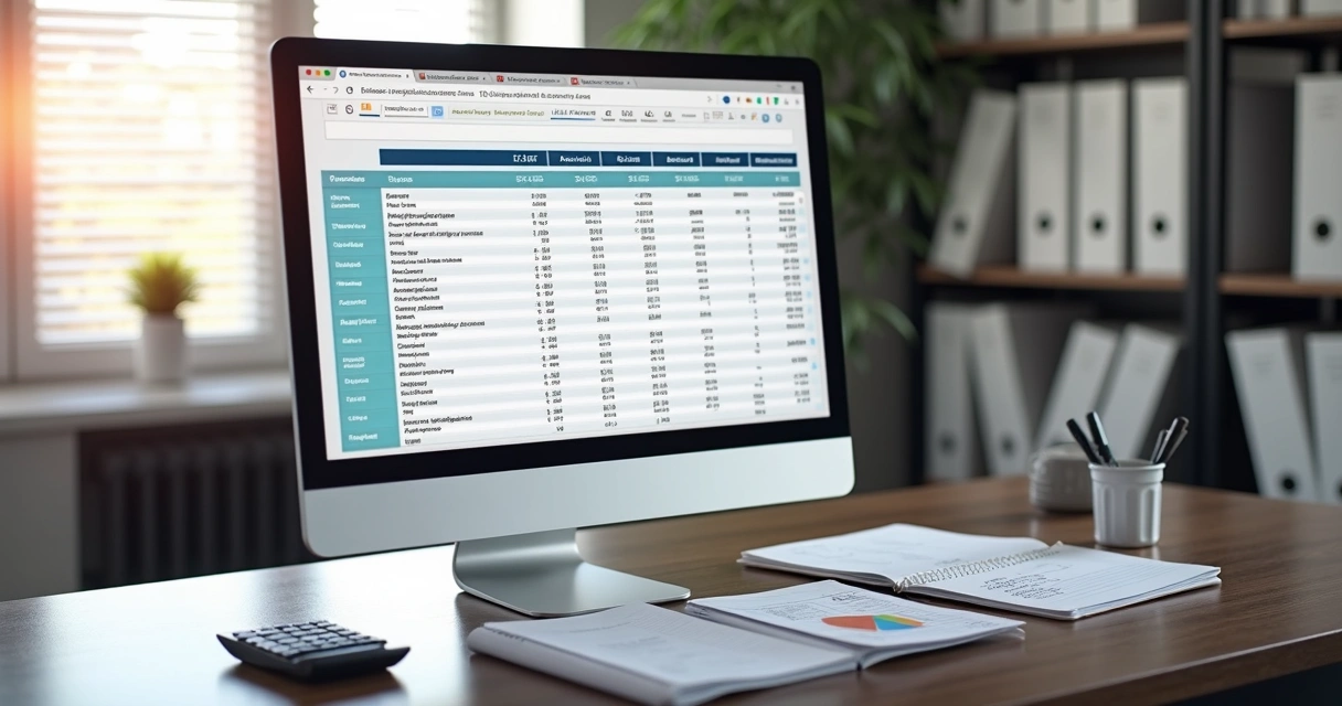 Mesa de escritório com computador exibindo plano de contas digital, gráficos financeiros e documentos contábeis organizados 