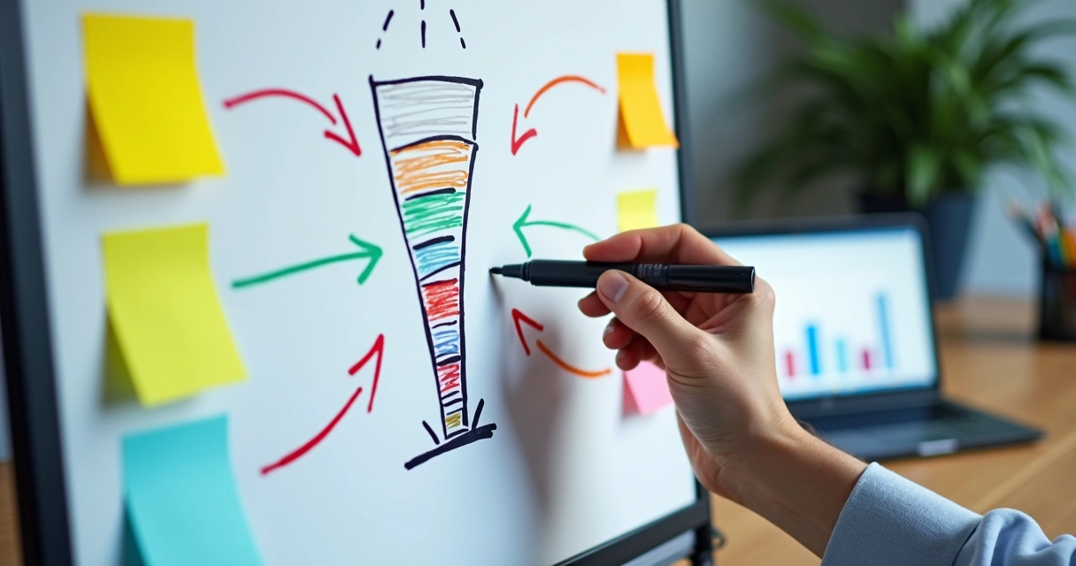 Quadro branco com funil de vendas desenhado à mão 