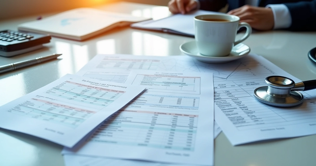 Relatório DRE impresso com destaques e anotações em mesa de consultório 