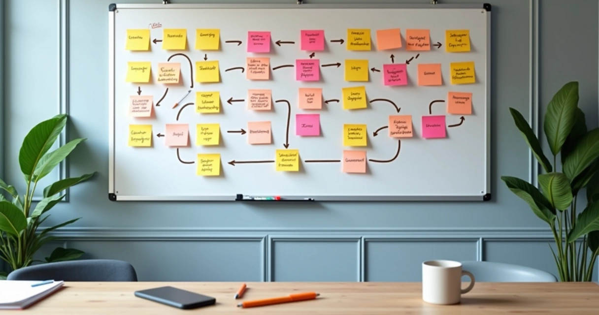 Quadro branco com fluxo de roteiro em post-its coloridos 