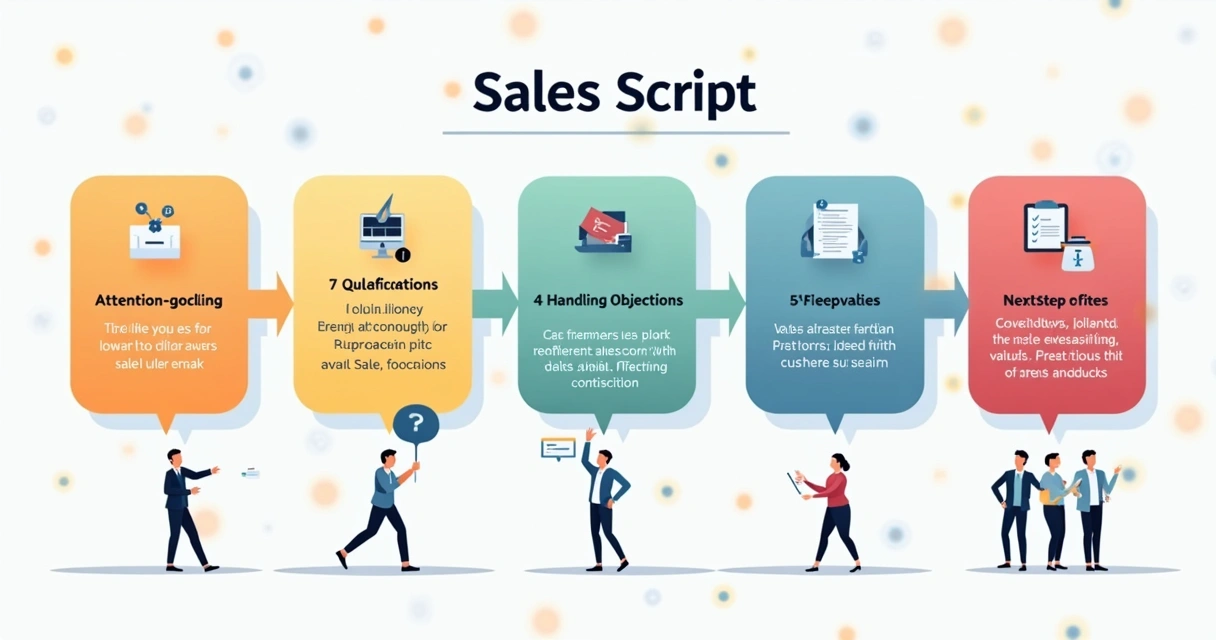 Esquema de fluxograma colorido visualizando as etapas do roteiro de vendas, cada bloco com ícones simples: atenção, qualificação, valor, objeção e encaminhamento, sobre fundo claro, em perspectiva lateral. 
