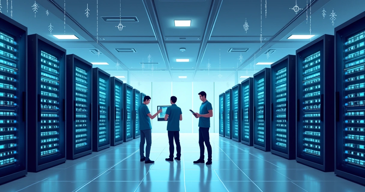 Sala de servidores modernos de um gateway de pagamento, com cabos organizados e luzes indicativas azuis 