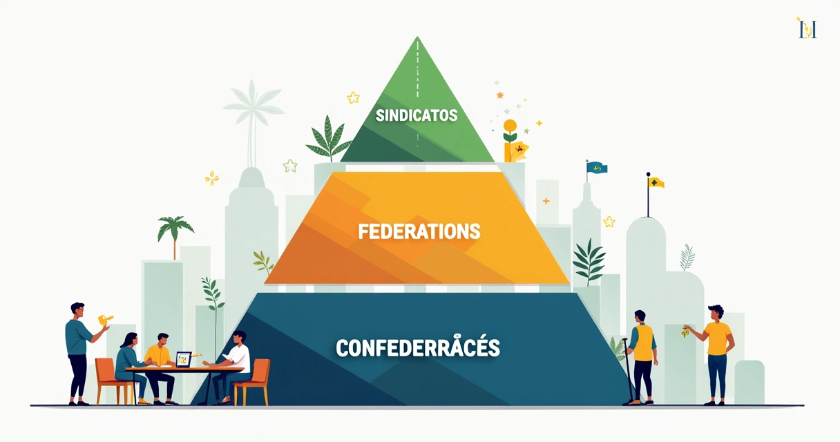 Infográfico mostrando a estrutura sindical do Brasil em pirâmide 