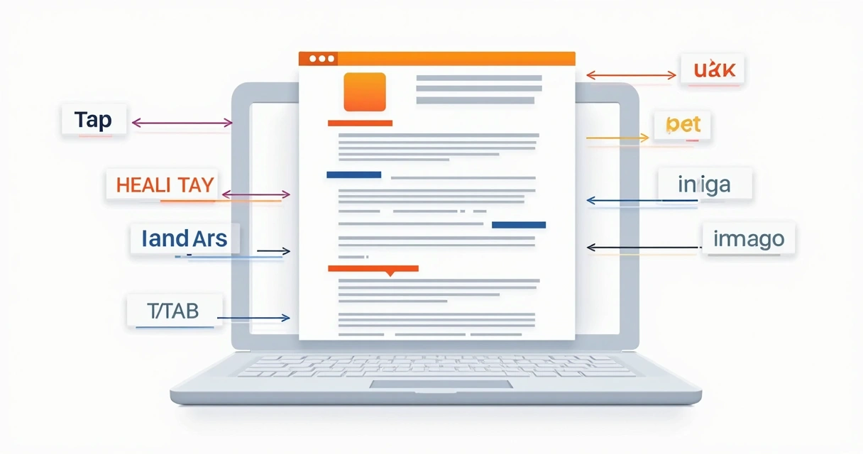 Diagrama mostrando a estrutura on-page de um site com títulos, textos alternativos e meta tags destacados. 