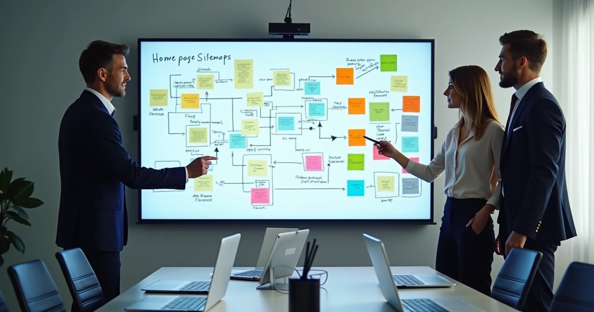 Fluxograma de arquitetura de site conectado a páginas e categorias