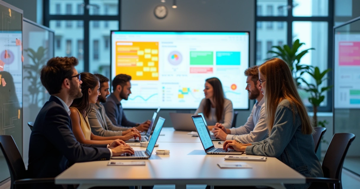 Equipe de profissionais reunidos em uma mesa de trabalho com laptops, telas mostrando fluxos ágeis e ferramentas no-code, ambiente moderno e colaborativo 