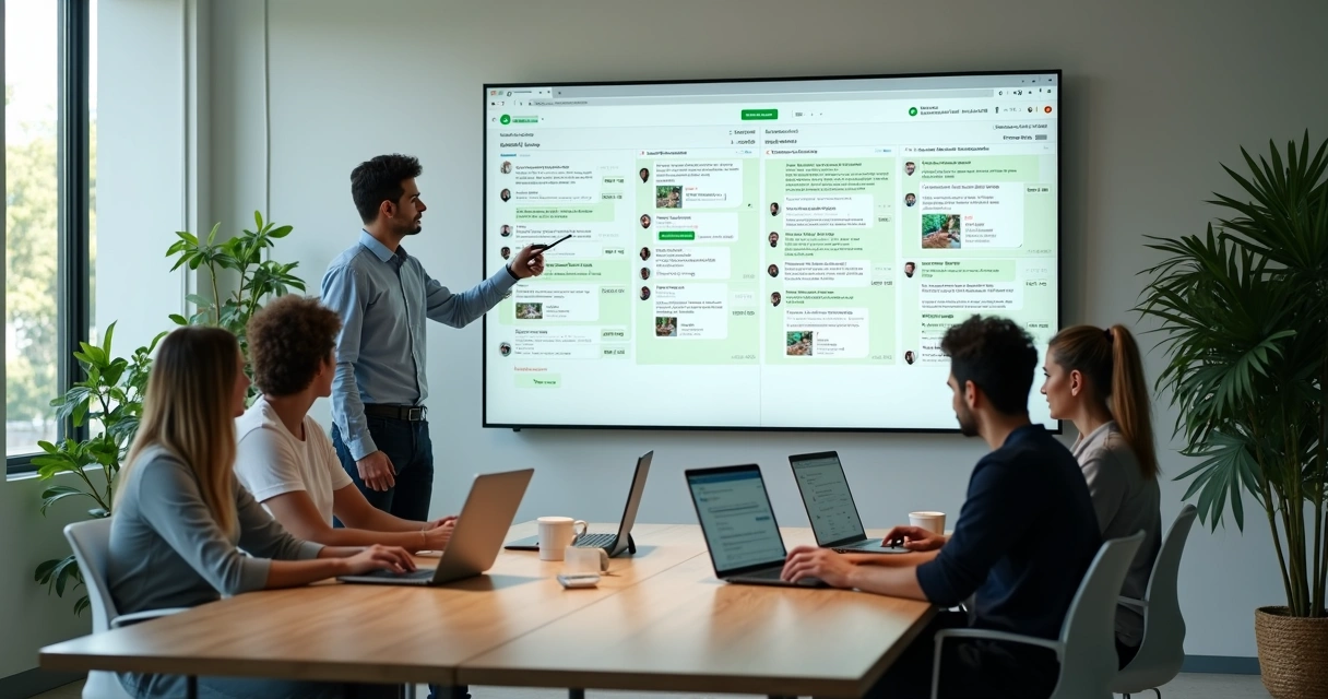 Equipe de atendimento analisando painel Kanban com conversas de WhatsApp em tela gigante 