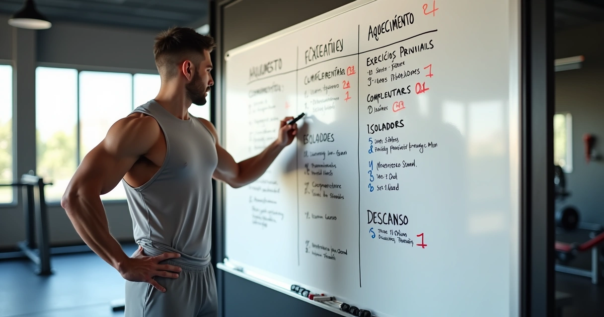 Treinador anotando ciclo de treino estruturado em quadro branco na academia 