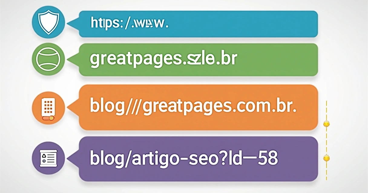 Esquema colorido mostrando a estrutura de uma URL dividida em partes 