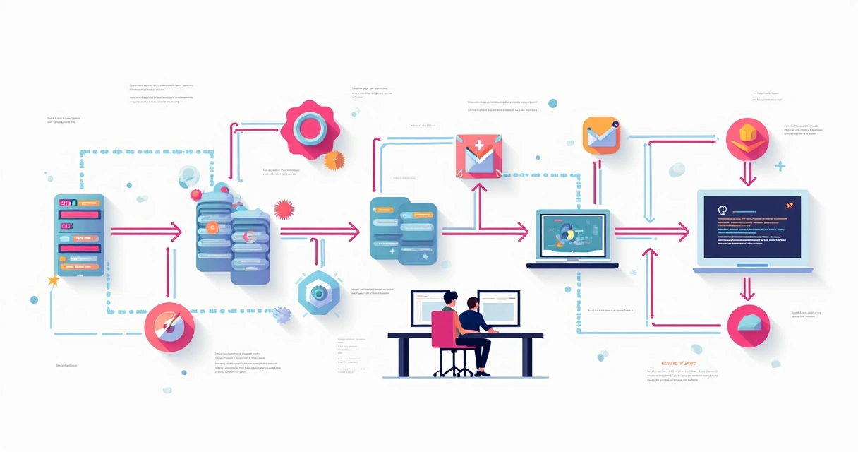 Fluxograma colorido conectando APIs, bancos de dados e equipe de análise. 