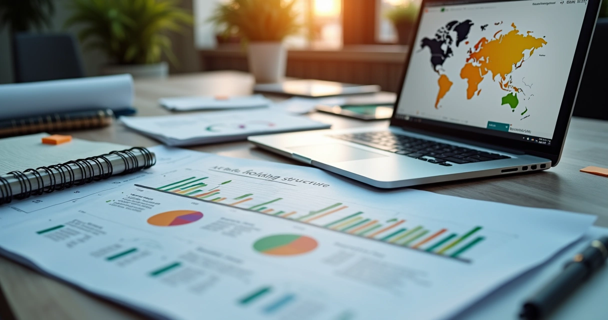 Papéis e gráficos de planejamento de holding internacional na mesa com notebook