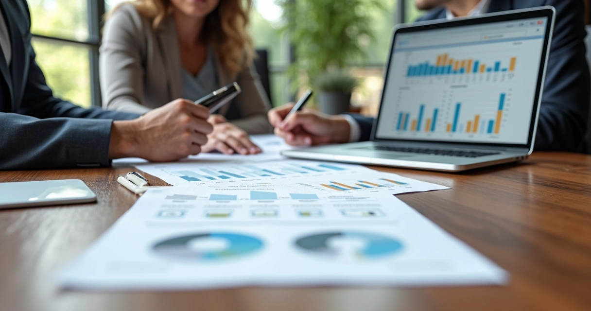 Mesa de reunião com documentos jurídicos e gráficos financeiros sobre estruturação de holdings familiares, incluindo contratos e laptops abertos 