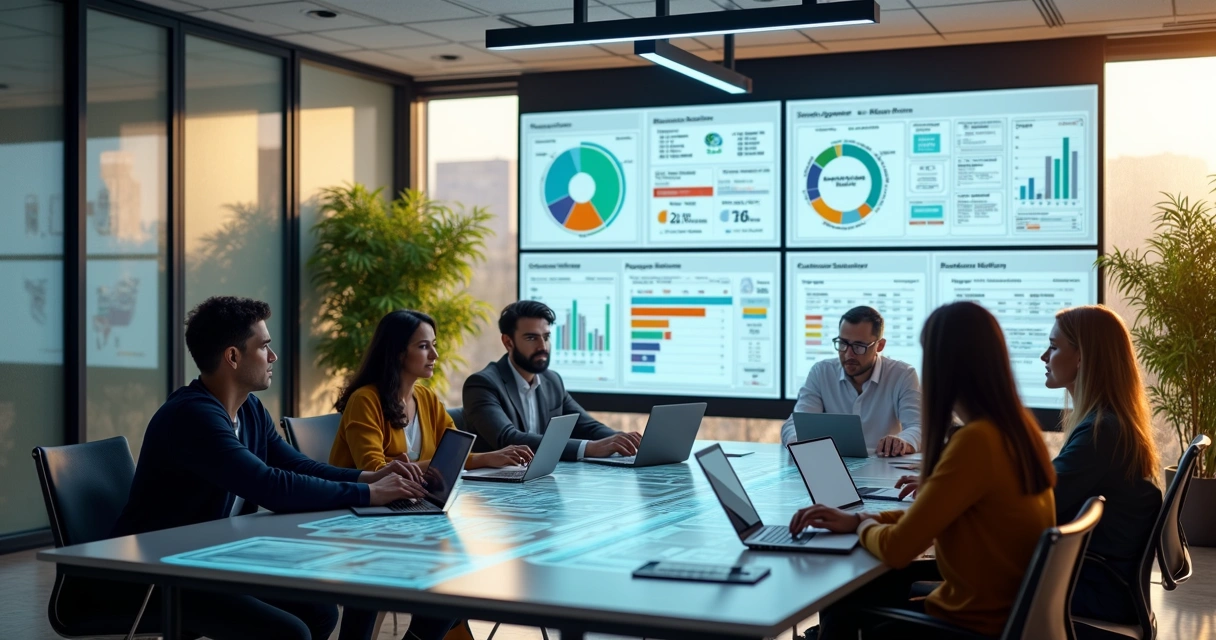 Equipe colaborando em planejamento de Customer Success com dashboards e fluxos de trabalho em tela digital 